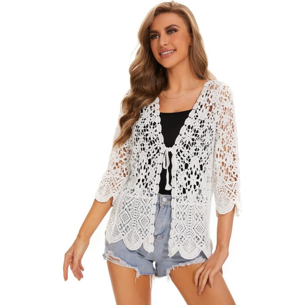 Women's Cotton Crochet Cardigan Boho Cover Up 3/4 Sleeve Floral Lace